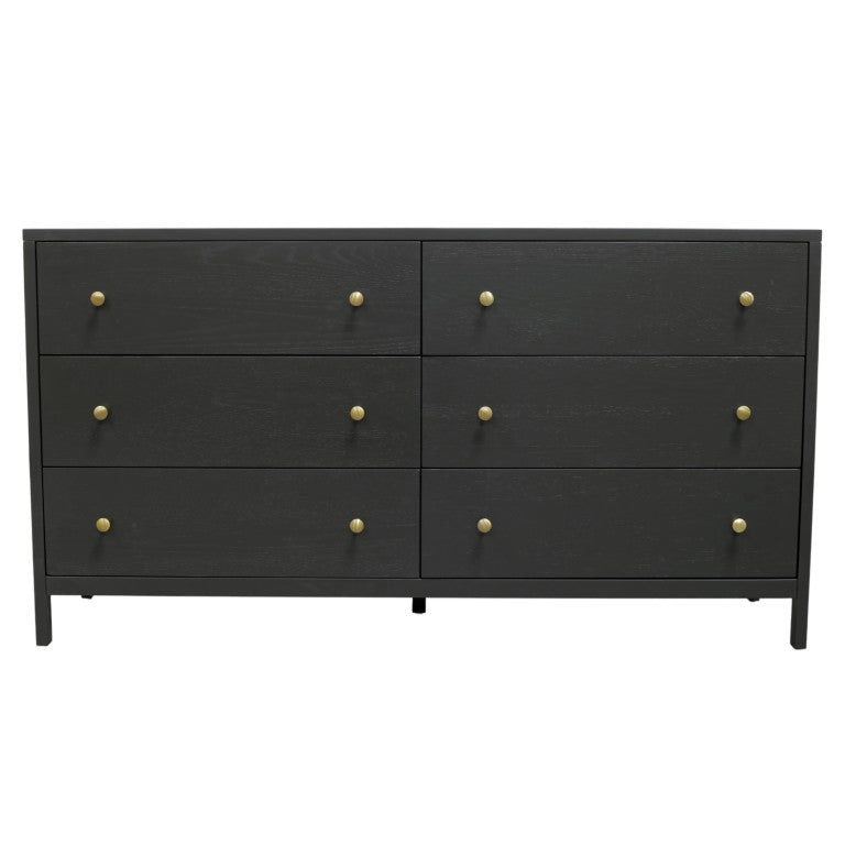 Alpine Furniture Avery 63" Six-Drawer Dresser In Black — Modern Farmhouse Storage, Brass Knobs, Fully Assembled, Safe 2478BLK-03