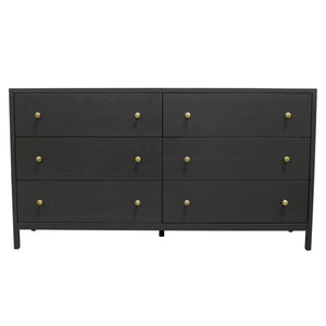 Alpine Furniture Avery 63" Six-Drawer Dresser In Black — Modern Farmhouse Storage, Brass Knobs, Fully Assembled, Safe 2478BLK-03