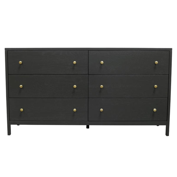 Alpine Furniture Avery 63" Six-Drawer Dresser In Black — Modern Farmhouse Storage, Brass Knobs, Fully Assembled, Safe 2478BLK-03