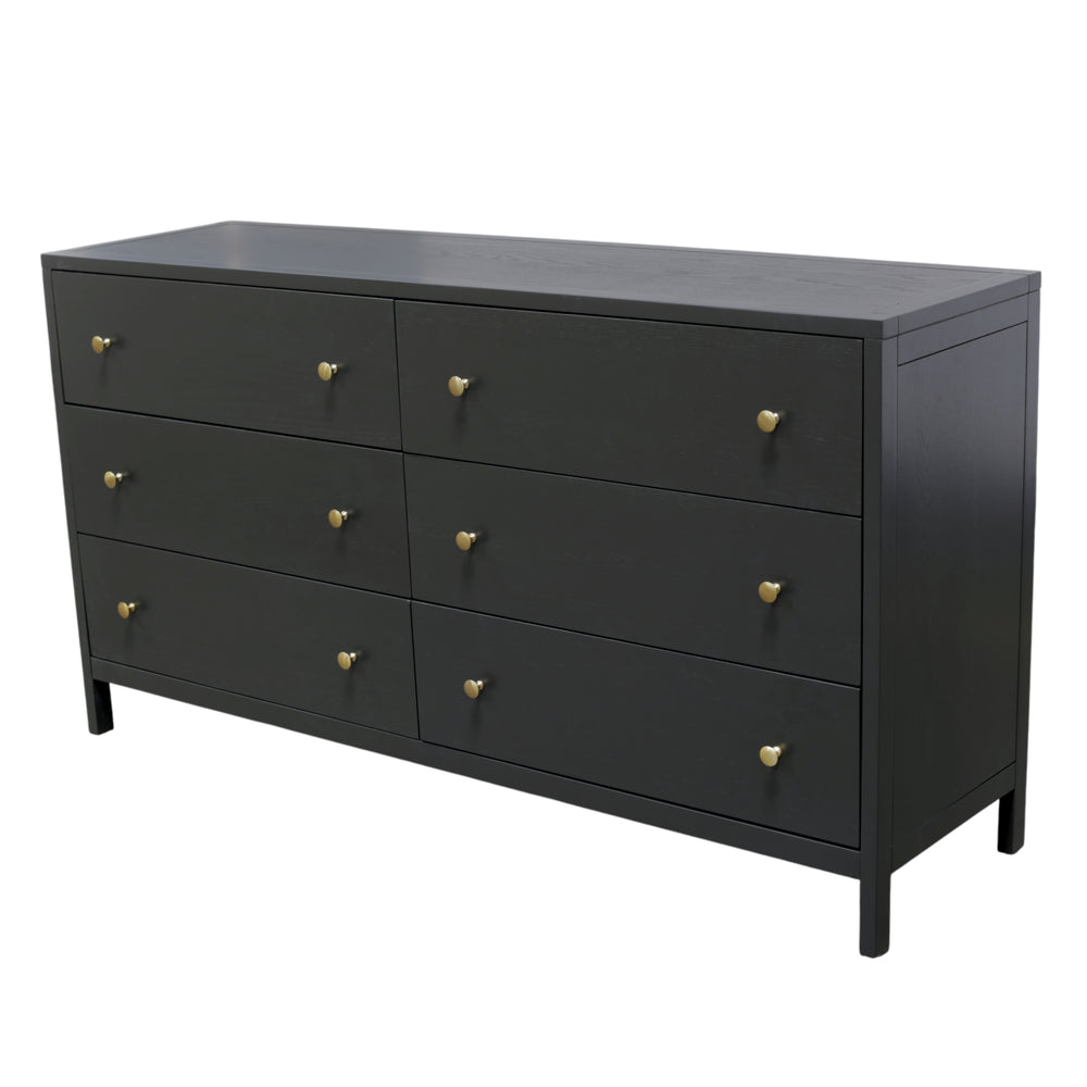 Alpine Furniture Avery 63" Six-Drawer Dresser In Black — Modern Farmhouse Storage, Brass Knobs, Fully Assembled, Safe 2478BLK-03