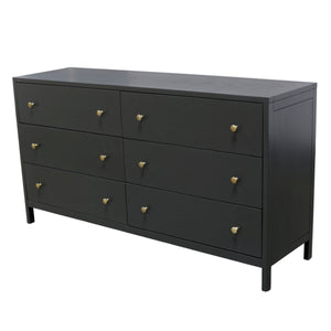 Alpine Furniture Avery 63" Six-Drawer Dresser In Black — Modern Farmhouse Storage, Brass Knobs, Fully Assembled, Safe 2478BLK-03