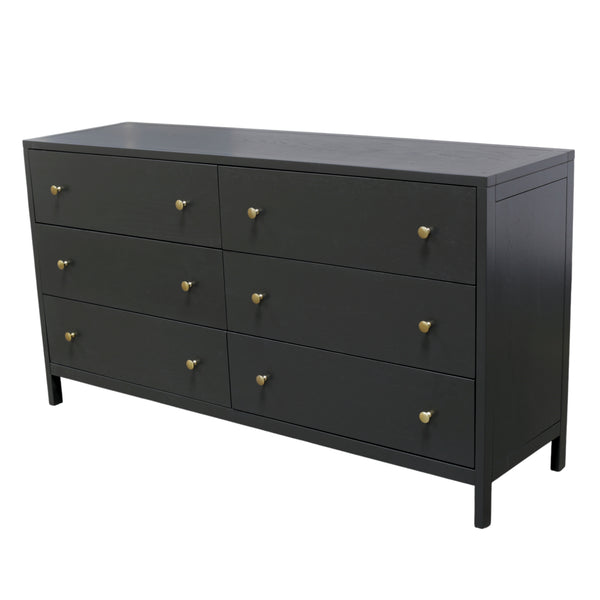 Alpine Furniture Avery 63" Six-Drawer Dresser In Black — Modern Farmhouse Storage, Brass Knobs, Fully Assembled, Safe 2478BLK-03