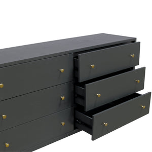 Alpine Furniture Avery 63" Six-Drawer Dresser In Black — Modern Farmhouse Storage, Brass Knobs, Fully Assembled, Safe 2478BLK-03