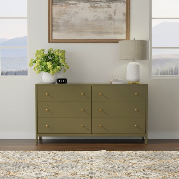 Alpine Furniture Avery Dresser – Timeless Elegance With Ample Storage, Modern Farmhouse Charm & Rustic Style Olive Green Rubberwood Solids & Oak Veneer 2478grn-03-alpine