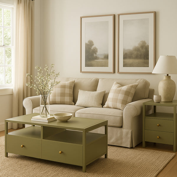 Alpine Furniture Avery Modern Cocktail Table With Four Drawers And Open Shelf, Brass Knobs, Fully Assembled Elegance Olive Green 2478GRN-61