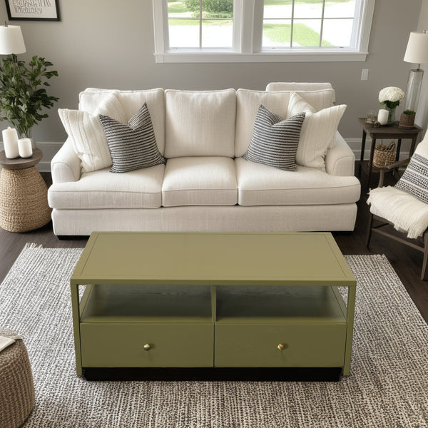 Alpine Furniture Avery Modern Cocktail Table With Four Drawers And Open Shelf, Brass Knobs, Fully Assembled Elegance Olive Green 2478GRN-61