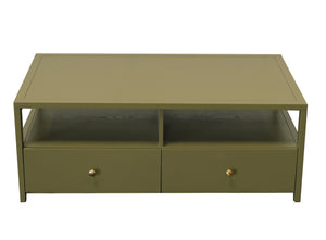 Alpine Furniture Avery Modern Cocktail Table With Four Drawers And Open Shelf, Brass Knobs, Fully Assembled Elegance Olive Green 2478GRN-61