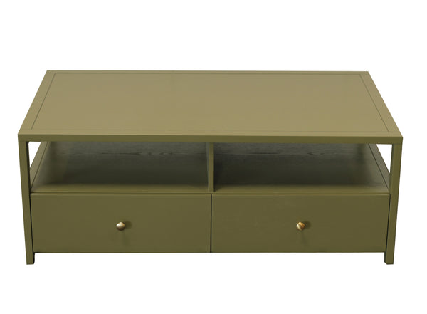 Alpine Furniture Avery Modern Cocktail Table With Four Drawers And Open Shelf, Brass Knobs, Fully Assembled Elegance Olive Green 2478GRN-61
