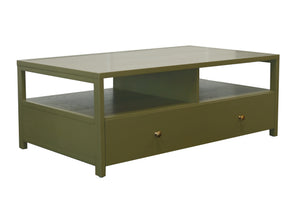 Alpine Furniture Avery Modern Cocktail Table With Four Drawers And Open Shelf, Brass Knobs, Fully Assembled Elegance Olive Green 2478GRN-61