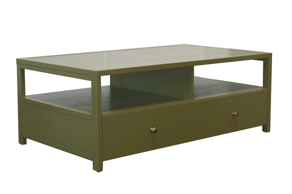 Alpine Furniture Avery Modern Cocktail Table With Four Drawers And Open Shelf, Brass Knobs, Fully Assembled Elegance Olive Green 2478GRN-61