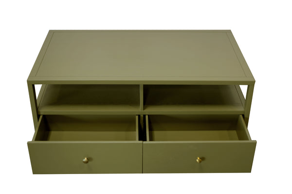 Alpine Furniture Avery Modern Cocktail Table With Four Drawers And Open Shelf, Brass Knobs, Fully Assembled Elegance Olive Green 2478GRN-61