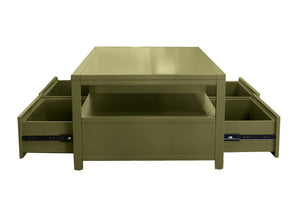 Alpine Furniture Avery Modern Cocktail Table With Four Drawers And Open Shelf, Brass Knobs, Fully Assembled Elegance Olive Green 2478GRN-61