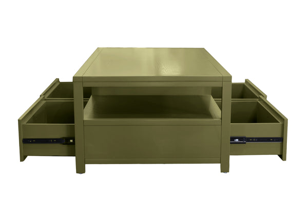 Alpine Furniture Avery Modern Cocktail Table With Four Drawers And Open Shelf, Brass Knobs, Fully Assembled Elegance Olive Green 2478GRN-61