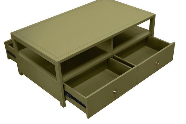 Alpine Furniture Avery Modern Cocktail Table With Four Drawers And Open Shelf, Brass Knobs, Fully Assembled Elegance Olive Green 2478GRN-61