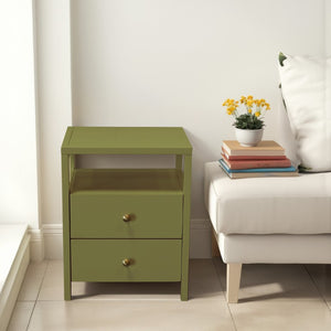 Alpine Furniture Avery Modern End Table With Two Drawers & Open Shelf, Brass-Finish Knobs, Fully Assembled Elegance Olive Green 2478GRN-62