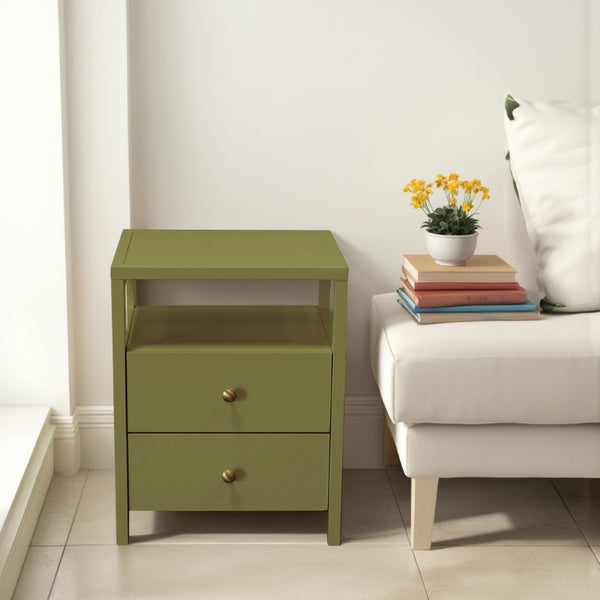 Alpine Furniture Avery Modern End Table With Two Drawers & Open Shelf, Brass-Finish Knobs, Fully Assembled Elegance Olive Green 2478GRN-62