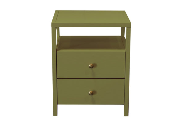 Alpine Furniture Avery Modern End Table With Two Drawers & Open Shelf, Brass-Finish Knobs, Fully Assembled Elegance Olive Green 2478GRN-62