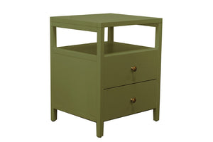 Alpine Furniture Avery Modern End Table With Two Drawers & Open Shelf, Brass-Finish Knobs, Fully Assembled Elegance Olive Green 2478GRN-62