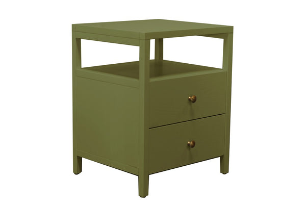 Alpine Furniture Avery Modern End Table With Two Drawers & Open Shelf, Brass-Finish Knobs, Fully Assembled Elegance Olive Green 2478GRN-62