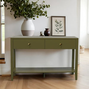 Alpine Furniture Avery Console Table With Brass Knobs And Lower Shelf, Fully Assembled 48"W Entryway Accent Piece Olive Green 2478GRN-63