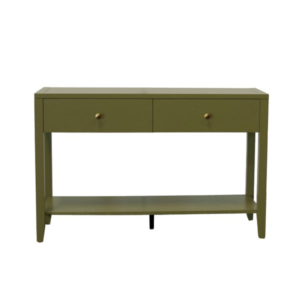 Alpine Furniture Avery Console Table With Brass Knobs And Lower Shelf, Fully Assembled 48"W Entryway Accent Piece Olive Green 2478GRN-63