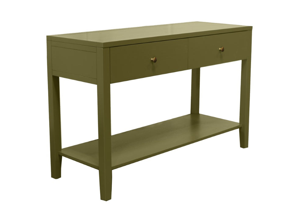 Alpine Furniture Avery Console Table With Brass Knobs And Lower Shelf, Fully Assembled 48"W Entryway Accent Piece Olive Green 2478GRN-63
