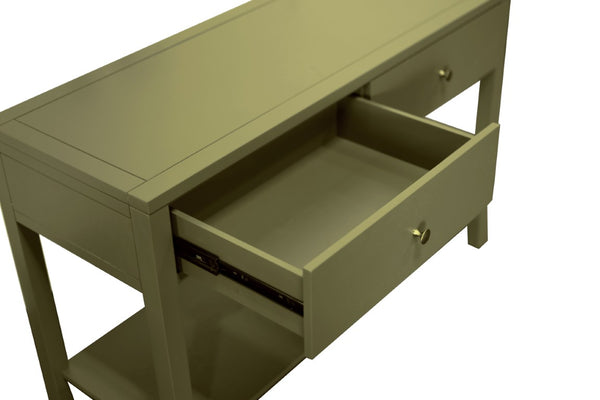 Alpine Furniture Avery Console Table With Brass Knobs And Lower Shelf, Fully Assembled 48"W Entryway Accent Piece Olive Green 2478GRN-63