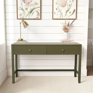 Alpine Furniture Avery Writing Desk With Brass Knobs And Two Drawers, Fully Assembled 54"W Workspace For Home Office Olive Green 2478GRN-65