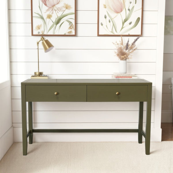 Alpine Furniture Avery Writing Desk With Brass Knobs And Two Drawers, Fully Assembled 54"W Workspace For Home Office Olive Green 2478GRN-65