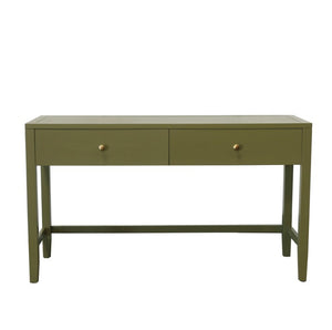 Alpine Furniture Avery Writing Desk With Brass Knobs And Two Drawers, Fully Assembled 54"W Workspace For Home Office Olive Green 2478GRN-65