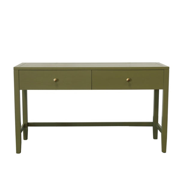 Alpine Furniture Avery Writing Desk With Brass Knobs And Two Drawers, Fully Assembled 54"W Workspace For Home Office Olive Green 2478GRN-65