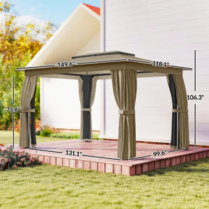 English Elm Double-roof Steel Gazebo with Upf Canopy Curtains and Mesh Panels for Outdoor Privacy Black,Dark Gray,Khaki T3971P459103