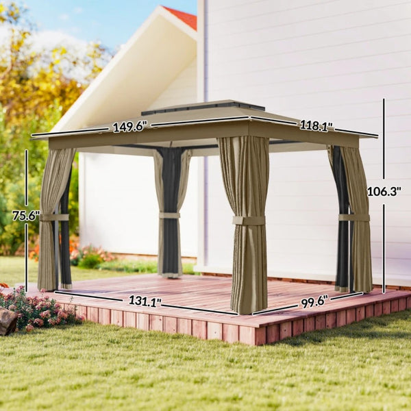 English Elm Double-roof Steel Gazebo with Upf Canopy Curtains and Mesh Panels for Outdoor Privacy Black,Dark Gray,Khaki T3971P459103