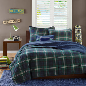 JLA Home Mi Zone - Reversible quilt set with plaid face and solid reverse, pre-washed cotton fill, antimicrobial finish, cabin-inspired style 90 L x 86 W x 0.25H MZ80-294