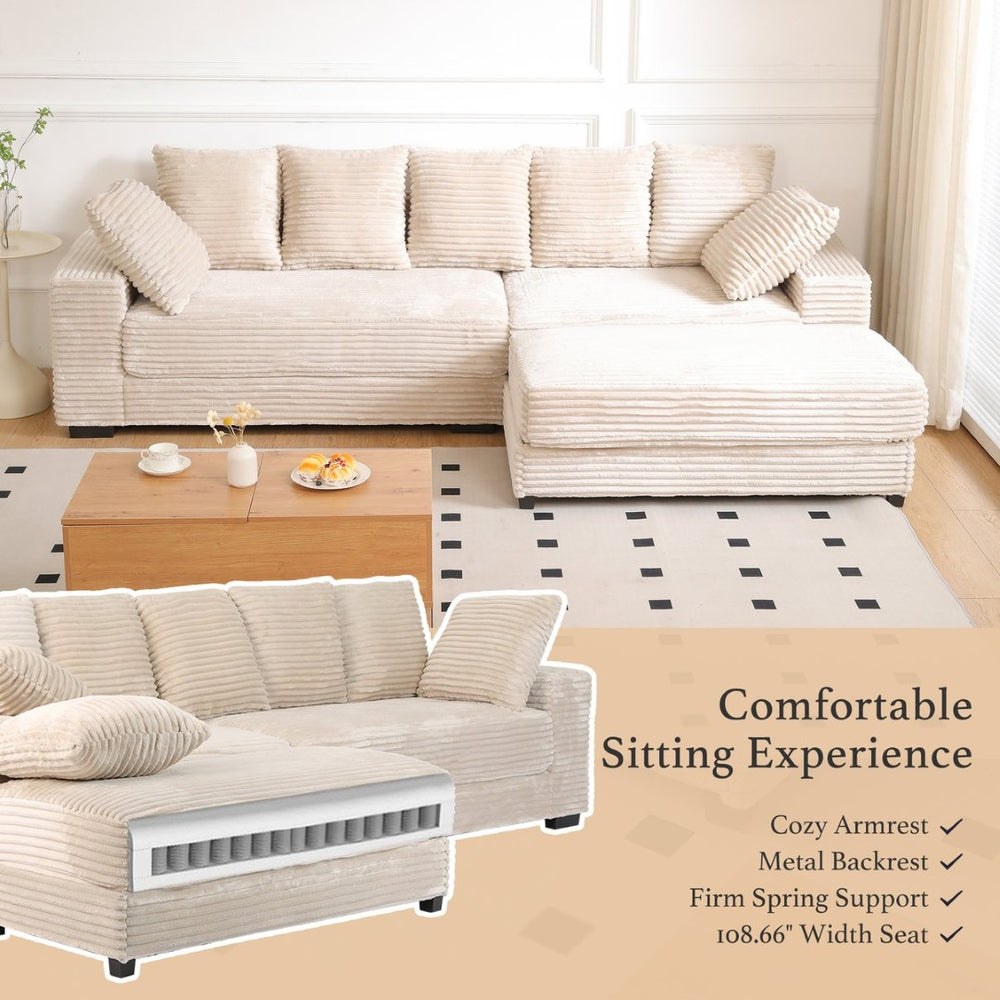 English Elm 108.6" Corduroy L-shaped Sectional with Chaise Storage Ottoman and Eight Pillows Beige W2791S00003