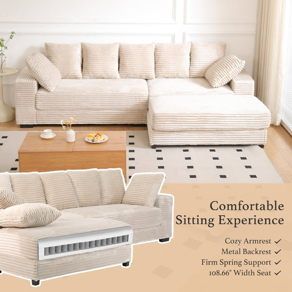 English Elm 108.6" Corduroy L-shaped Sectional with Chaise Storage Ottoman and Eight Pillows Beige W2791S00003