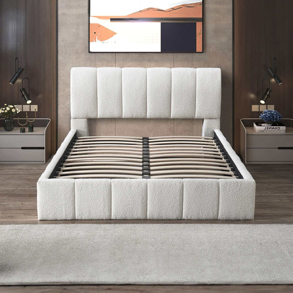 English Elm Ashcroft Furniture - Hilar Elegant White Boucle Platform Bed With Storage – Modern Style, Adjustable Headboard & Comfort B183S00050