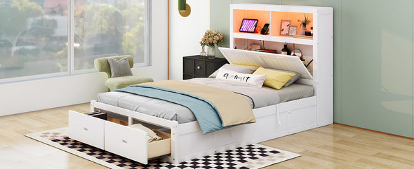 English Elm Wood Full Size Hydraulic Platform Bed with LED Headboard, Charging Station, Hidden Storage Drawers and Shelves White GX000371AAK