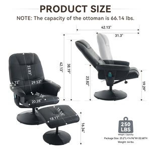 English Elm 011-Massage Recliner Chair with Ottoman, 360° Swivel PU Leather, 5-Point Vibration Massage, Heated Seat, 140° Backrest Comfort Black W2636P262429