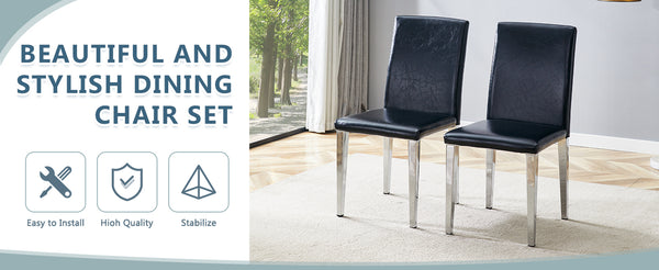 English Elm Four PU dining chairs with sleek silver metal legs, ergonomic PU seats, anti-slip feet, easy assembly, modern minimalist style Black+Silver W1151P269018