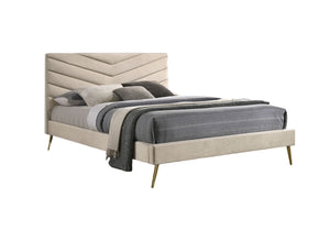 English Elm Mid-century Chevron Tufted Headboard Full Bed with Gold-Plated Legs, Flannelette Upholstery, Art Deco Flair Beige 80 L x 11 W x 10 H B011S00900