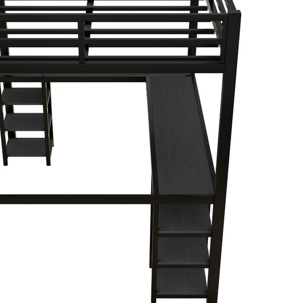English Elm Full Metal Loft Bed With Desk & Shelves - Space-Saving Design, Safety Guardrails, Modern Black Frame W1580S00049