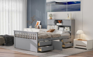 English Elm Full Size Captain Platform Bed Frame With Storage, Bookcase Headboard & Configurable Drawers, Gray N7090000473E