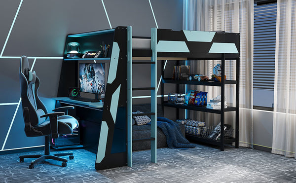 English Elm Full Size Gaming Loft Bed with Led Lighting Desk Shelves and Usb Charging Ports Black+Blue N820S00076C