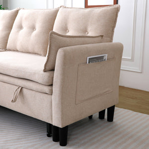 English Elm L-Shaped Reversible Chaise Sectional Sofa with Storage and Fold-Out Bed Cotton-Linen Modern Design Beige W3371S00024
