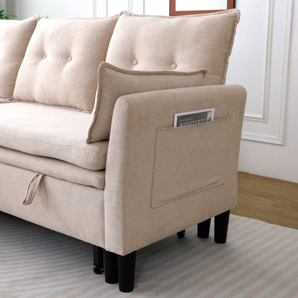 English Elm L-Shaped Reversible Chaise Sectional Sofa with Storage and Fold-Out Bed Cotton-Linen Modern Design Beige W3371S00024