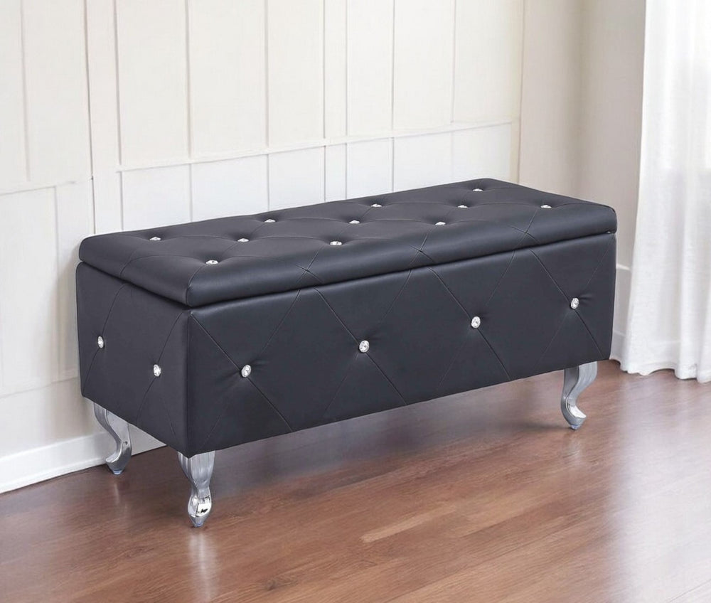 HomeRoots 38" Black Faux Leather Storage Bench with Glamorous Tufting, Flip Top & Versatile Style for Any Room 248053