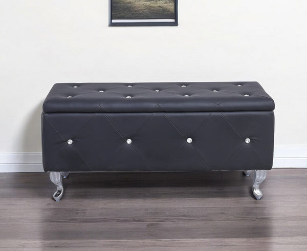 HomeRoots 38" Black Faux Leather Storage Bench with Glamorous Tufting, Flip Top & Versatile Style for Any Room 248053