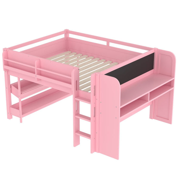 English Elm Twin Low Loft Bed Solid Pine Frame Kids Study Desk Blackboard Storage White Pink W1580S00300