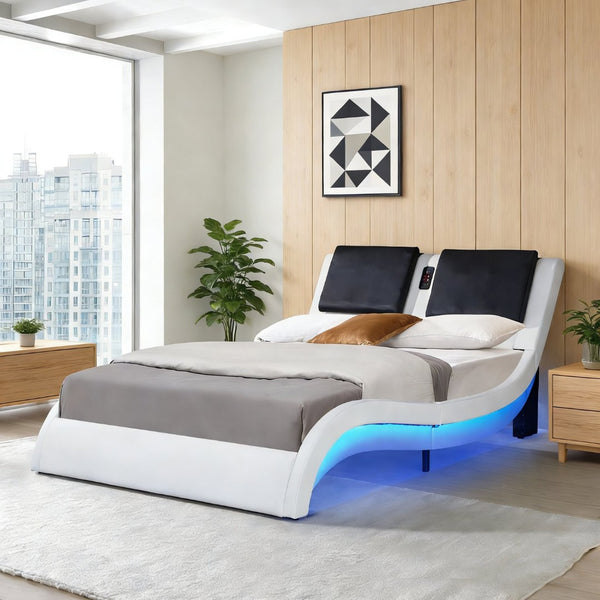 English Elm Faux Leather Queen Platform Bed with Rgb Lighting Bluetooth Speaker Massage Headboard W2297S00027